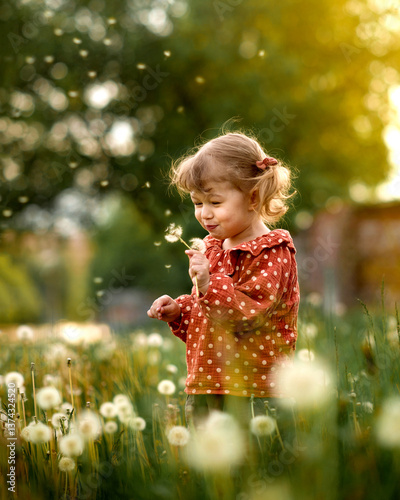 A little cute girl blowing dandelion in the field in warm sunset light.