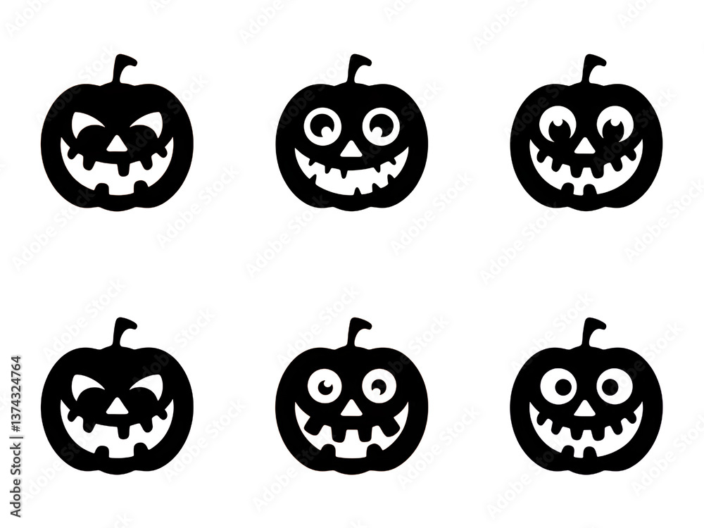 Six Halloween jack-o'-lanterns with varying expressions on colorful backgrounds. Six Halloween jack-o'-lanterns with varying expressions on colorful backgrounds.