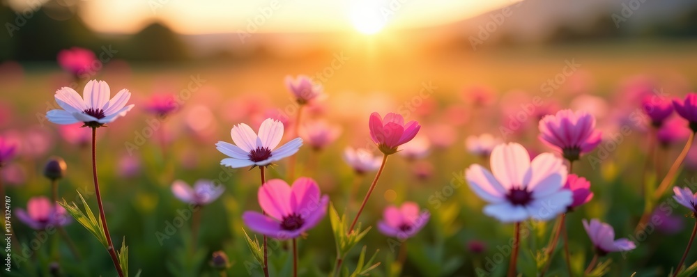 Fototapeta premium Vibrant field of pink and white nemophila flowers in bloom at sunrise, beauty, white, landscape