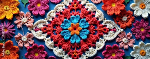 Vibrant geometric crochet design with floral motifs, floral, texture, crochet
