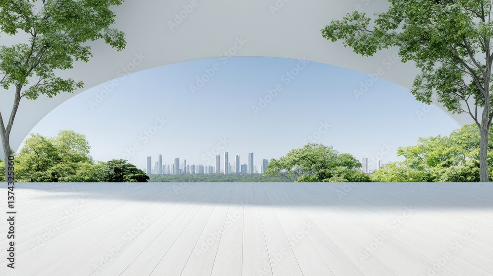 Naklejka premium Serene Urban Oasis: Modern Architecture with City Skyline View