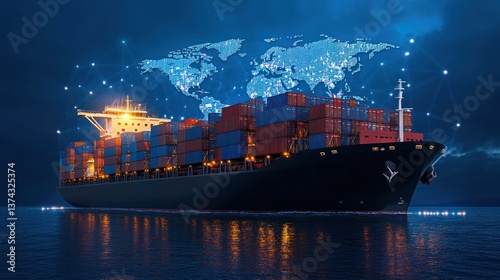 Global Maritime Trade: Container Ship and World Map Network