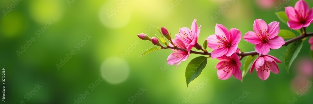 Fototapeta premium Vibrant pink flowers on tree branches against soft focus green foliage background, spring, tree, branches