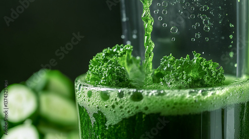 Thick green vegetable juice being blended at high speed