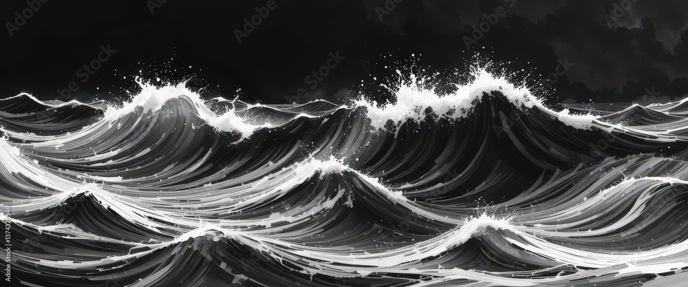 Fototapeta premium Monochrome Sea Ink Wash Texture with Flowing Waves, Dramatic Black and White Abstract Seascape Nature Background Illustration