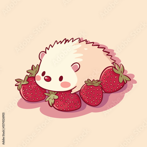 Hedgehog sleeping on strawberries, vector illustration.