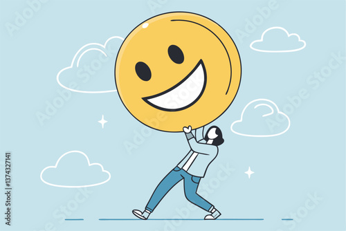 Job satisfaction, employee happiness or optimistic attitude, cheerful morality or endorphins for positive thinking, feel good, emotional intelligence concept, businessman carry big happy smile face.