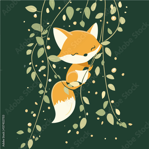 A fox climbs on a branch, vector illustration.