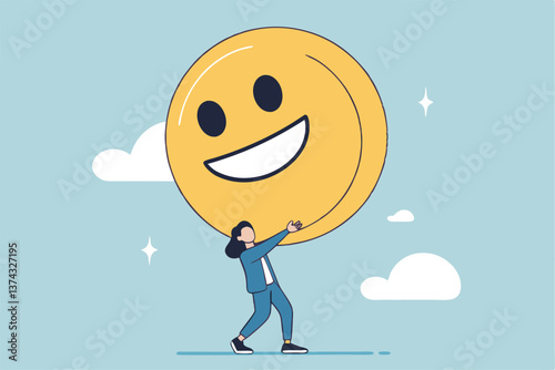 Job satisfaction, employee happiness or optimistic attitude, cheerful morality or endorphins for positive thinking, feel good, emotional intelligence concept, businessman carry big happy smile face.