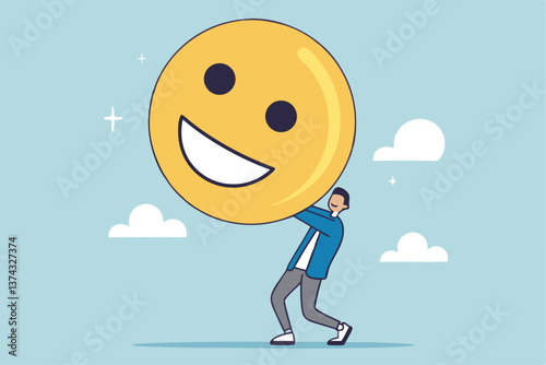 Job satisfaction, employee happiness or optimistic attitude, cheerful morality or endorphins for positive thinking, feel good, emotional intelligence concept, businessman carry big happy smile face.