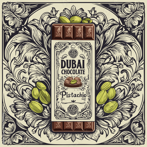 Dubai chocolate with pistachios. Vector vintage poster with floral decorative elements