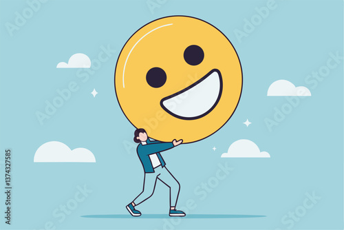 Job satisfaction, employee happiness or optimistic attitude, cheerful morality or endorphins for positive thinking, feel good, emotional intelligence concept, businessman carry big happy smile face.