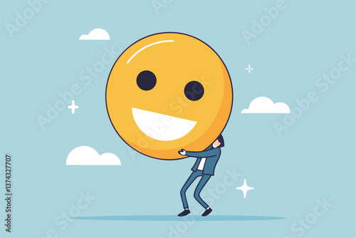 Job satisfaction, employee happiness or optimistic attitude, cheerful morality or endorphins for positive thinking, feel good, emotional intelligence concept, businessman carry big happy smile face.