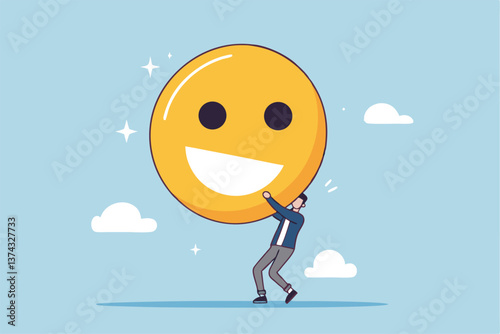 Job satisfaction, employee happiness or optimistic attitude, cheerful morality or endorphins for positive thinking, feel good, emotional intelligence concept, businessman carry big happy smile face.