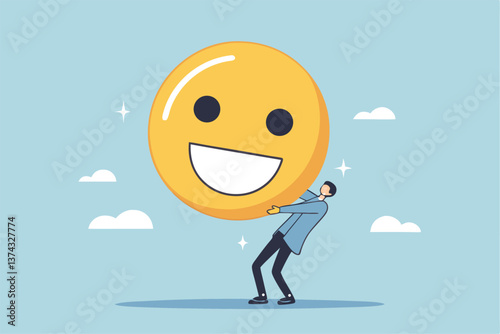 Job satisfaction, employee happiness or optimistic attitude, cheerful morality or endorphins for positive thinking, feel good, emotional intelligence concept, businessman carry big happy smile face.