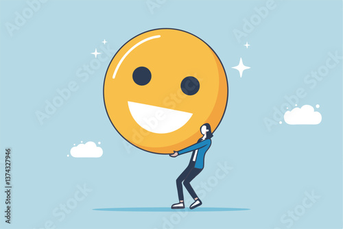Job satisfaction, employee happiness or optimistic attitude, cheerful morality or endorphins for positive thinking, feel good, emotional intelligence concept, businessman carry big happy smile face.