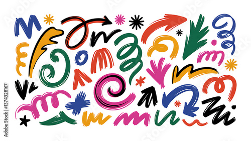 Collection of colorful abstract hand-drawn shapes, arrows, and swirls.