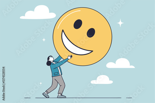 Job satisfaction, employee happiness or optimistic attitude, cheerful morality or endorphins for positive thinking, feel good, emotional intelligence concept, businessman carry big happy smile face.
