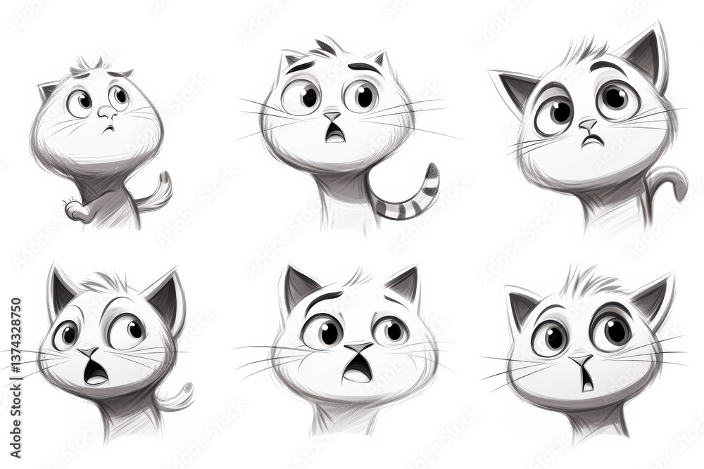 Series of black and white cat drawings with varying expressions. Series of black and white cat drawings with varying expressions.