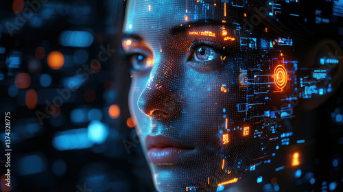 Obraz na płótnie Biometric facial recognition system malfunctioning with distortions and errors in digital security environment w salonie