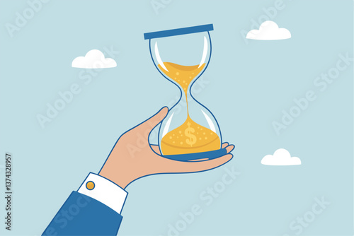 Time is money, long term investment to gain profit earning, interest rate return from savings, salary growth or wage increase concept, businessman hand holding hourglass with sand falling to money.
