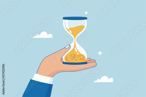 Time is money, long term investment to gain profit earning, interest rate return from savings, salary growth or wage increase concept, businessman hand holding hourglass with sand falling to money.