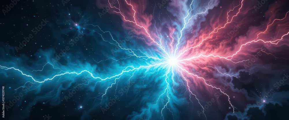 Obraz premium Sci Fi Energy Release Aqua and Coral Lightning Burst in a Starry Nebula, Dark Background, Evokes Space Exploration