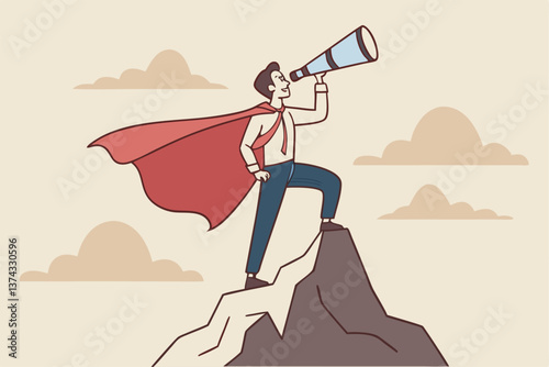 Business vision to see journey to success, discovery new opportunity, looking for jobs, future success or career goal, leadership mission concept, businessman lookout telescope on top mountain peak.