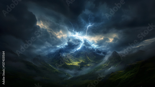 An intense thunderstorm over a wheat field, with dark clouds and lightning strikes in the distance.