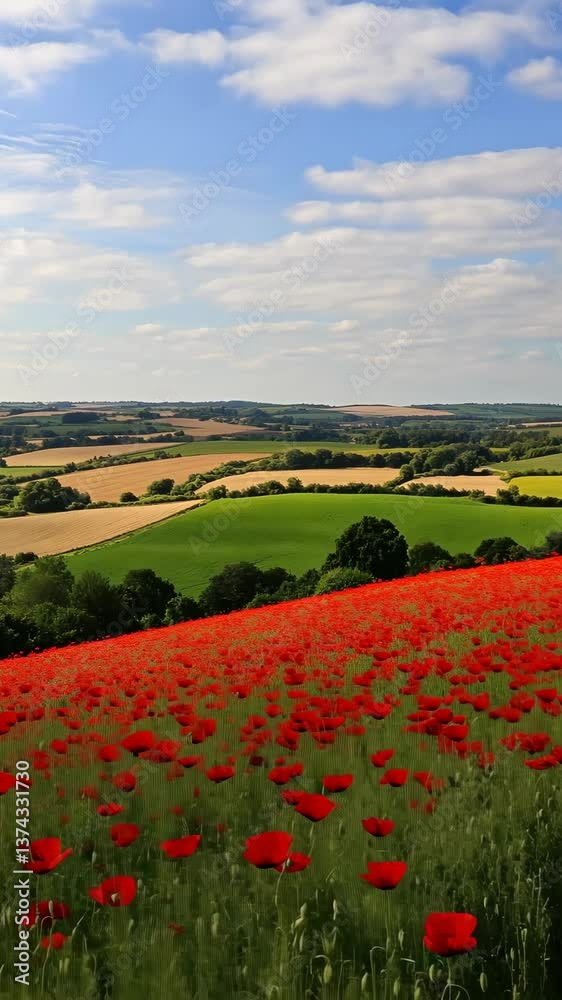 Vibrant poppy fields in full bloom with lush green hills and blue sky on a sunny day Vibrant poppy fields in full bloom with lush green hills and blue sky on a sunny day