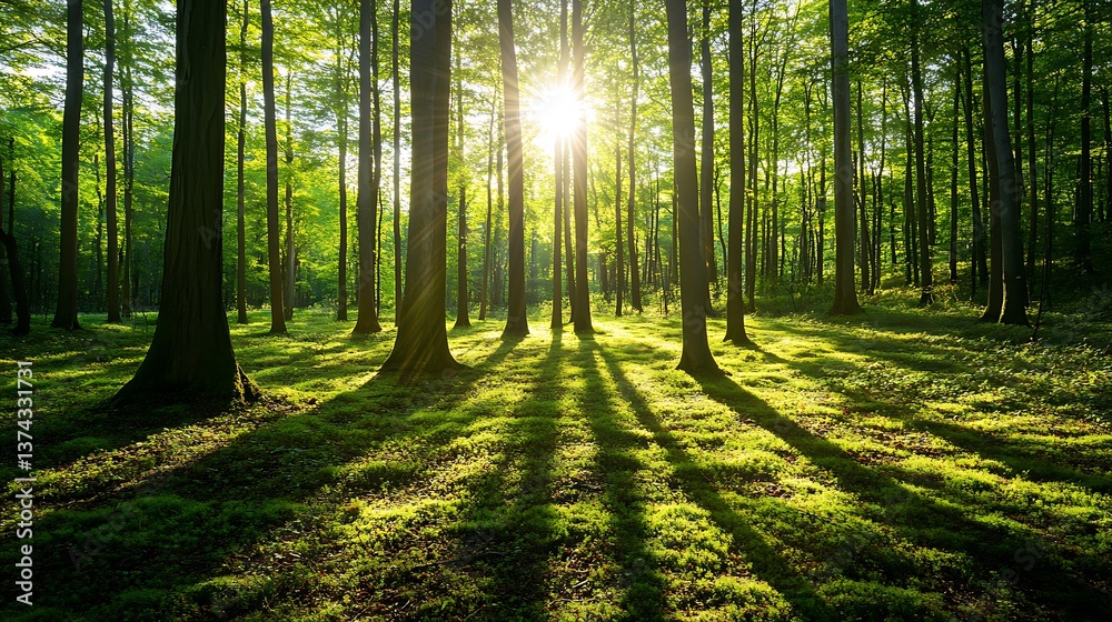 Fototapeta premium A peaceful woodland with towering trees, golden sunlight filtering through the canopy.