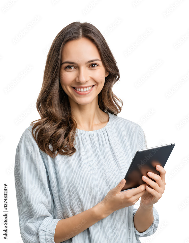 A young business woman with tablet computer, isolated on transparent background. Business concept. A young business woman with tablet computer, isolated on transparent background. Business concept.