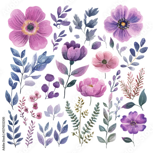 Watercolor floral clipart collection with purple and pink flowers, leaves, and botanical design elements for creative projects