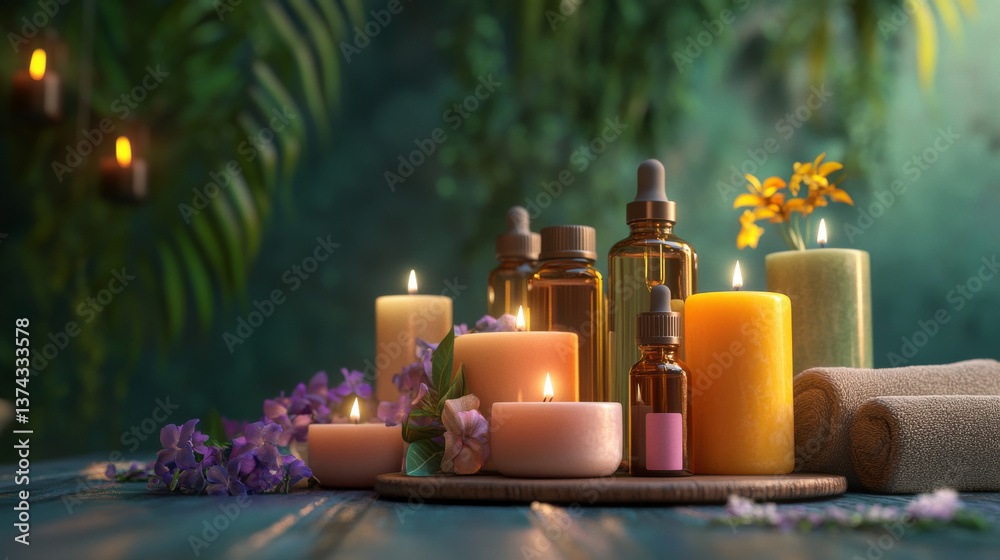 serene composition featuring variety of aromatic candles and essential oils, surrounded by delicate flowers, creating calming atmosphere perfect for relaxation and wellness serene composition featuring variety of aromatic candles and essential oils, surrounded by delicate flowers, creating calming atmosphere perfect for relaxation and wellness