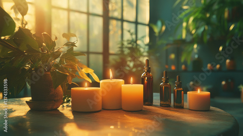 serene composition featuring glowing candles and essential oil bottles, surrounded by lush greenery, creates calming atmosphere perfect for relaxation and aromatherapy
