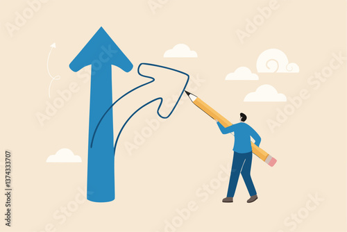 Change direction or career path for best opportunity, turn or transform to different direction, choice or alternative way to progress concept, businessman draw new arrow metaphor of change direction.
