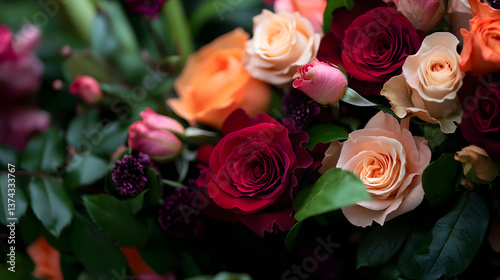 A beautiful arrangement of summer roses in full bloom, showcasing an array of bold colors like red, magenta, and peach, surrounded by lush greenery.