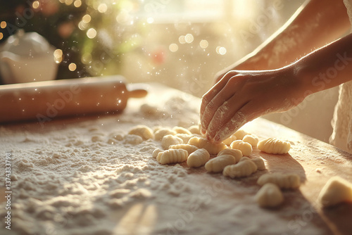 Hands making gnocchi in a sunlit kitchen with flour scattered  