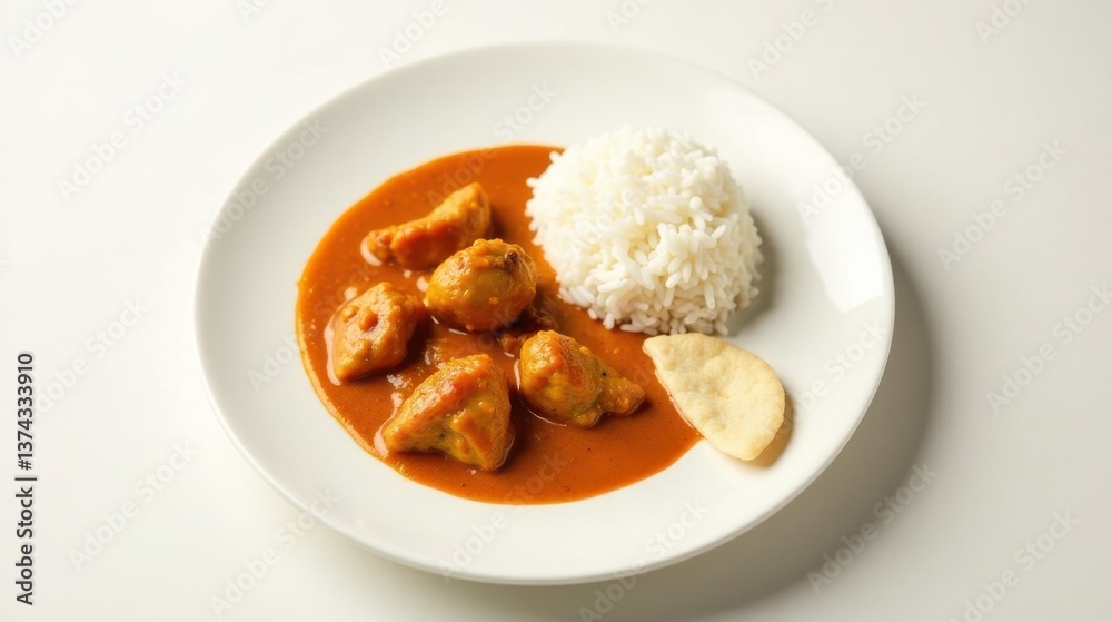 Aromatic Chicken Curry Served with Fluffy White Rice and Crispy Bread Aromatic Chicken Curry Served with Fluffy White Rice and Crispy Bread