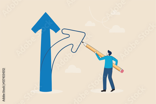 Change direction or career path for best opportunity, turn or transform to different direction, choice or alternative way to progress concept, businessman draw new arrow metaphor of change direction.