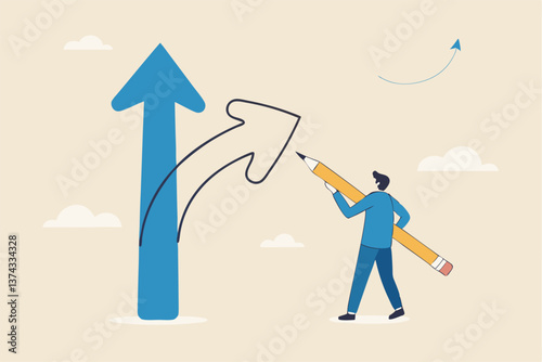 Change direction or career path for best opportunity, turn or transform to different direction, choice or alternative way to progress concept, businessman draw new arrow metaphor of change direction.