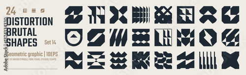 Postmodern abstract geometric graphic elements, Refraction and distortion glass effect various form, Brutalist vector shapes, trendy retro design symbols in Y2K aesthetics, vintage stickers, set 14