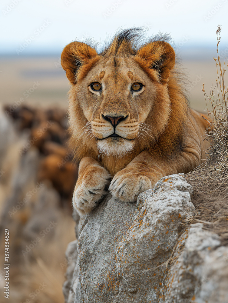 Obraz premium A young lion watches over its herd from a height