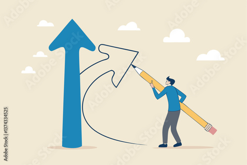 Change direction or career path for best opportunity, turn or transform to different direction, choice or alternative way to progress concept, businessman draw new arrow metaphor of change direction.