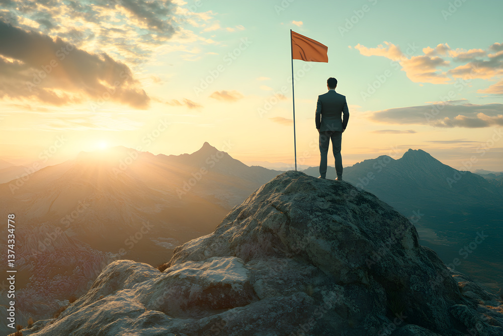 Obraz premium A man stands on a mountain top holding a flag