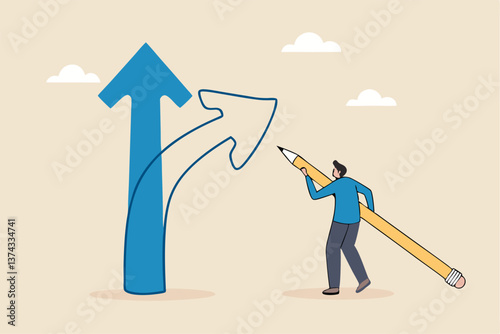 Change direction or career path for best opportunity, turn or transform to different direction, choice or alternative way to progress concept, businessman draw new arrow metaphor of change direction.