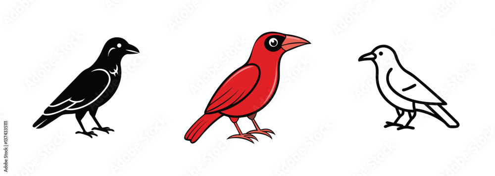 Naklejka premium Black Crow, Red Cardinal, White Dove Bird Illustrations Set