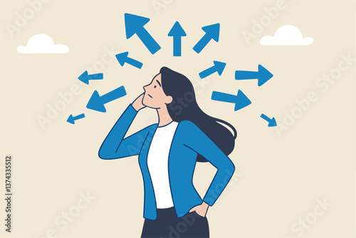 Tough decisions, choosing career path, make choices or think about final result, business directions challenge, confusion or decide options concept, businesswoman thinking and make business decisions.