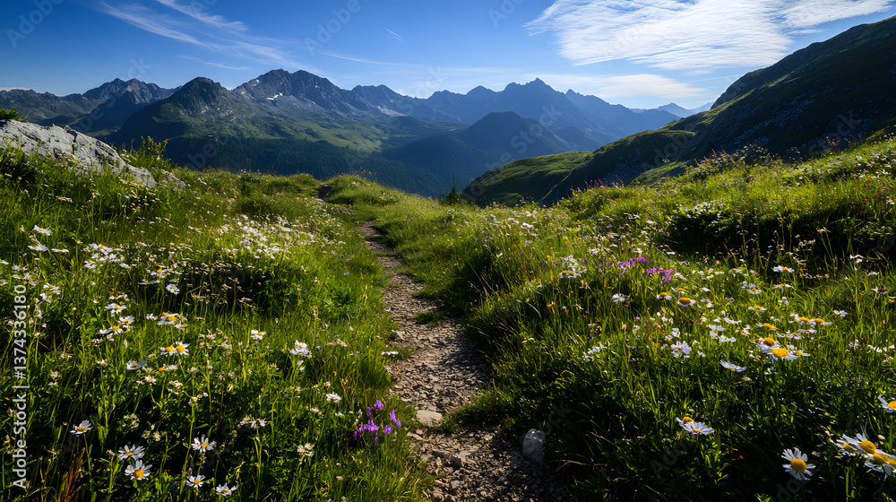 Naklejka premium A beautiful mountain path surrounded by colorful wildflowers, with a clear blue sky above and rugged peaks in the distance.