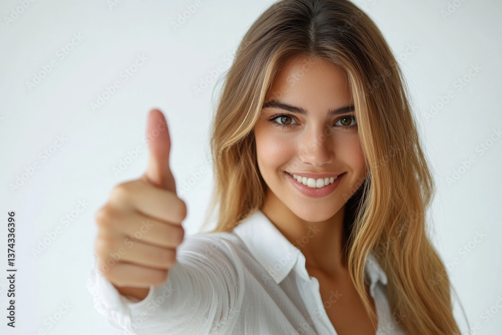 Woman giving thumbs up in front of sunny beach, palm trees, and clear blue ocean, wearing sunglasses and a straw hat. Woman giving thumbs up in front of sunny beach, palm trees, and clear blue ocean, wearing sunglasses and a straw hat.